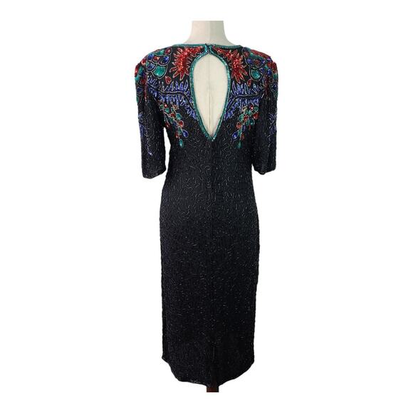 Carina Black Green Red Blue Sequins Beads Baubles Vintage Dress Medium - Picture 2 of 6